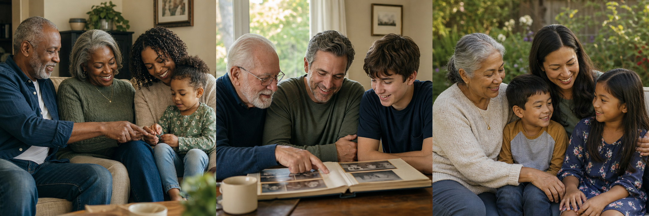 An older couple sharing a warm moment with their daughter and granddaughter